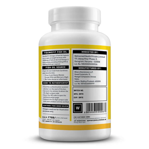 YouWeFit Omega-3 Fish Oil (30 Capsules), 1250mg