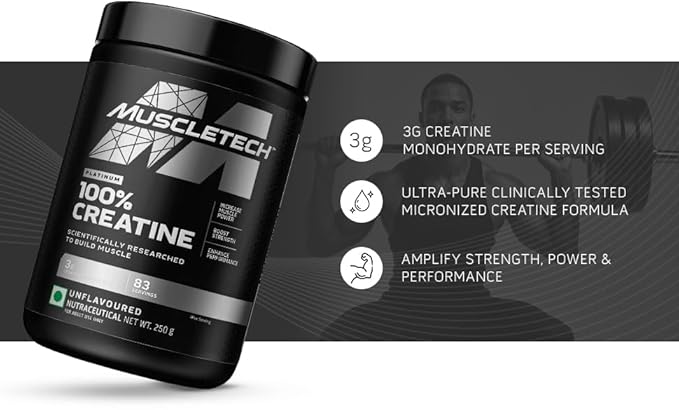 MuscleTech Platinum 100% Creatine Powder (Unflavoured - 250 Gram,83 Serves), Scientifically Researched to Build Muscle - Increase Muscle Power, Boost Strength & Enhance Performance, 1 count, 83 servings