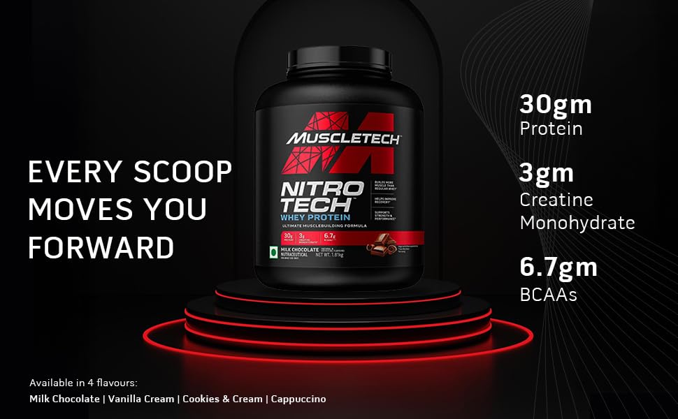 MuscleTech Nitro-Tech Whey Protein, 1.81kg (4lbs), Milk Chocolate, 30g Protein, 3g creatine monohydrate, 6.7g BCAA