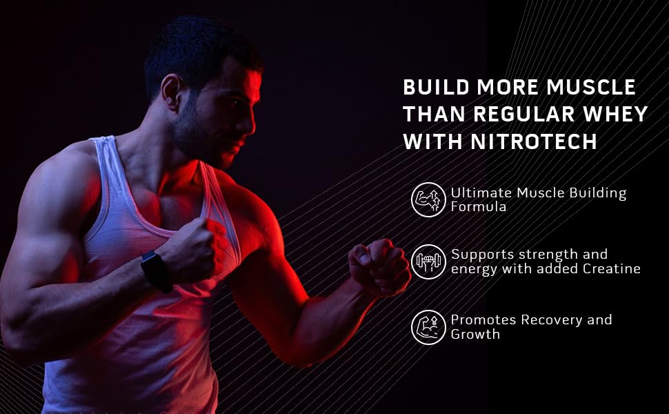 MuscleTech Nitro-Tech Whey Protein, 1.81kg (4lbs), Milk Chocolate, 30g Protein, 3g creatine monohydrate, 6.7g BCAA