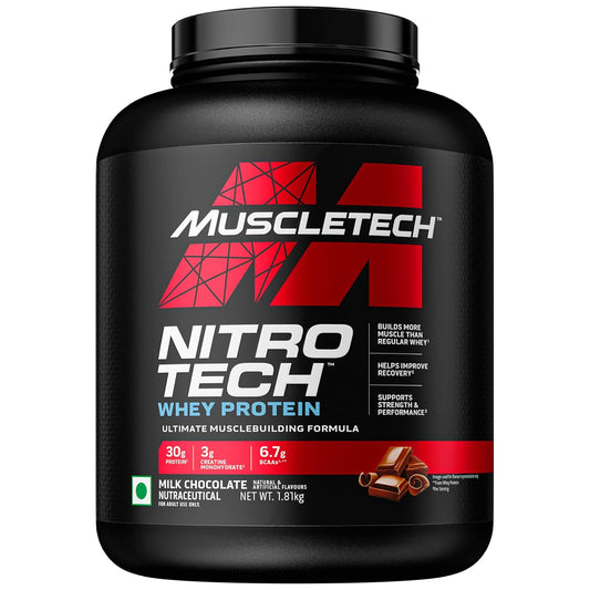 MuscleTech Nitro-Tech Whey Protein, 1.81kg (4lbs), Milk Chocolate, 30g Protein, 3g creatine monohydrate, 6.7g BCAA
