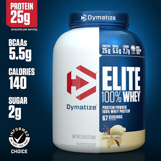 Dymatize Nutrition Elite 100% Whey Protein | Whey Protein Powder | Muscle Recovery | 25g Protein, 5.5g BCAA | Fast-Absorbing Protein | Gluten-Free | Blend with BCAAs & Glutamine | Gourmet Vanilla | 5 Lbs