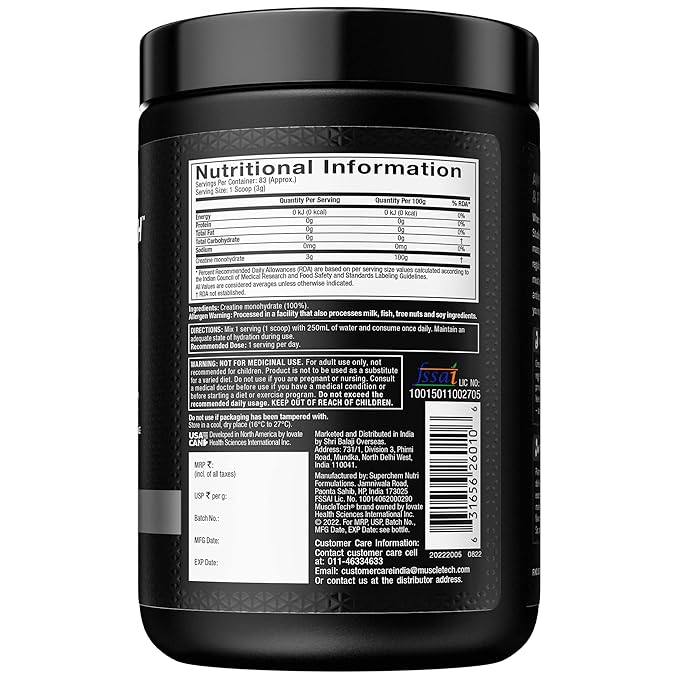 MuscleTech Platinum 100% Creatine Powder (Unflavoured - 250 Gram,83 Serves), Scientifically Researched to Build Muscle - Increase Muscle Power, Boost Strength & Enhance Performance, 1 count, 83 servings