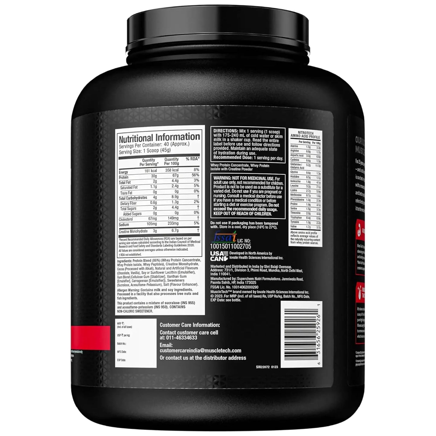 MuscleTech Nitro-Tech Whey Protein, 1.81kg (4lbs), Milk Chocolate, 30g Protein, 3g creatine monohydrate, 6.7g BCAA