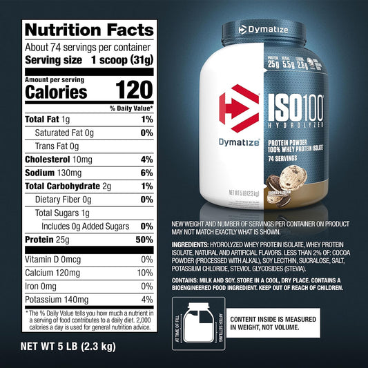 Dymatize Nutrition ISO100 Hydrolyzed Whey Protein Isolate | Fast-Digesting | Muscle Recovery Formula with Amino Acids | Low Sugar & Fat | Cookies & Cream | 5 Lbs