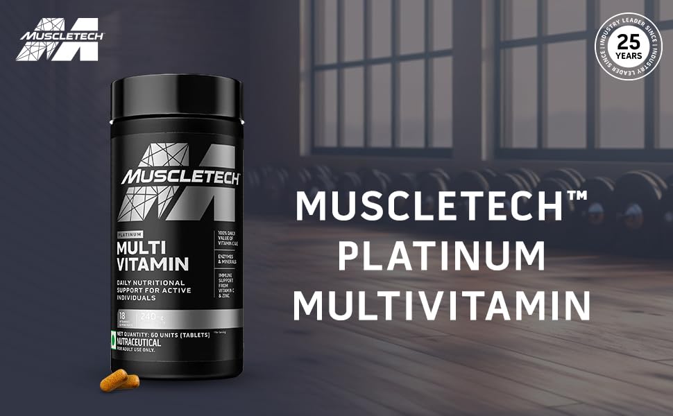 MuscleTech Platinum Multivitamin,Vitamin C for Immune Support,18 Vitamins & Minerals,60 Tablets, 150 grams