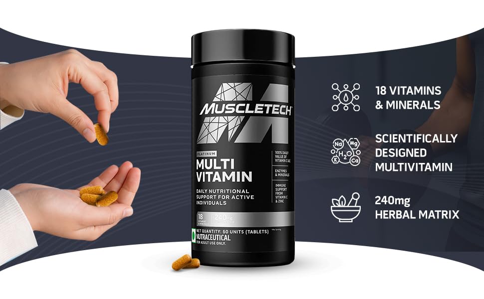 MuscleTech Platinum Multivitamin,Vitamin C for Immune Support,18 Vitamins & Minerals,60 Tablets, 150 grams