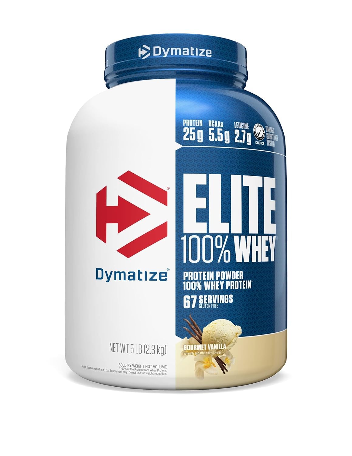 Dymatize Nutrition Elite 100% Whey Protein | Whey Protein Powder | Muscle Recovery | 25g Protein, 5.5g BCAA | Fast-Absorbing Protein | Gluten-Free | Blend with BCAAs & Glutamine | Gourmet Vanilla | 5 Lbs