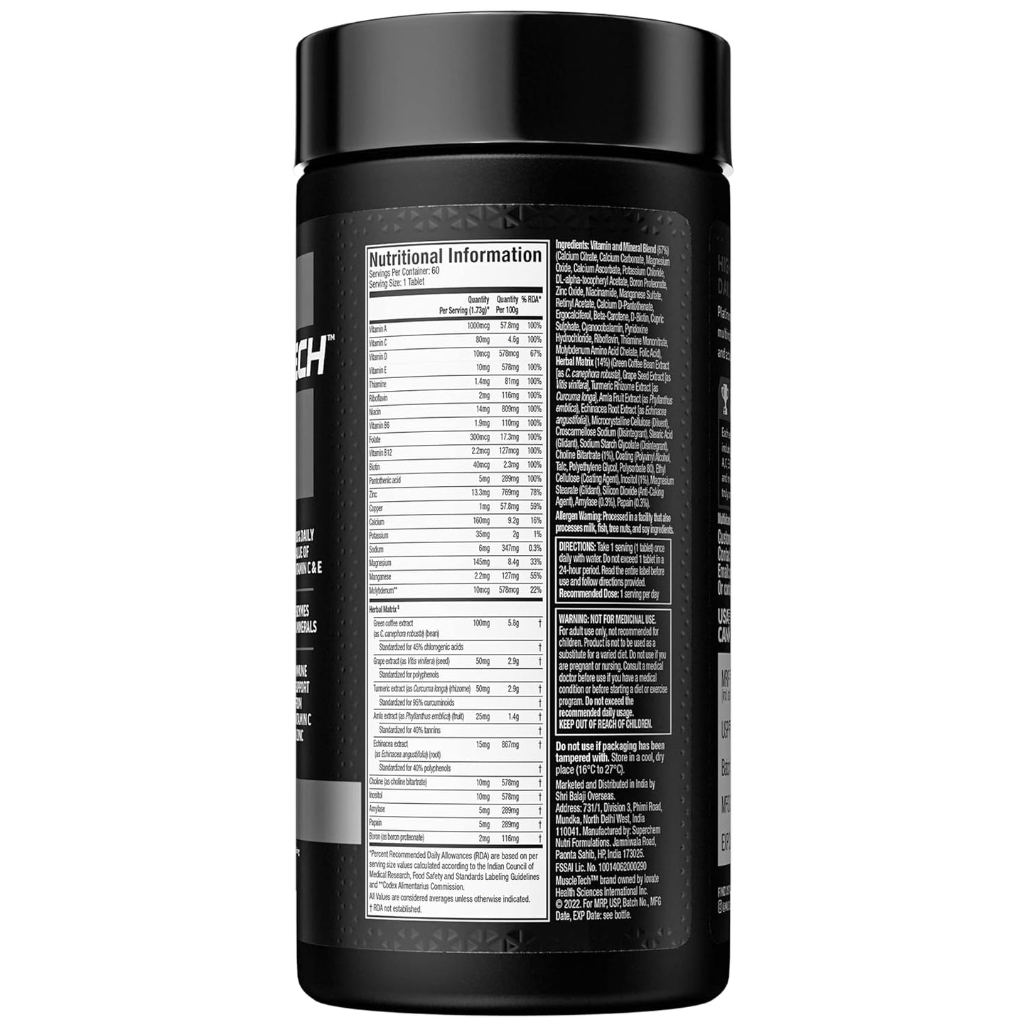MuscleTech Platinum Multivitamin,Vitamin C for Immune Support,18 Vitamins & Minerals,60 Tablets, 150 grams