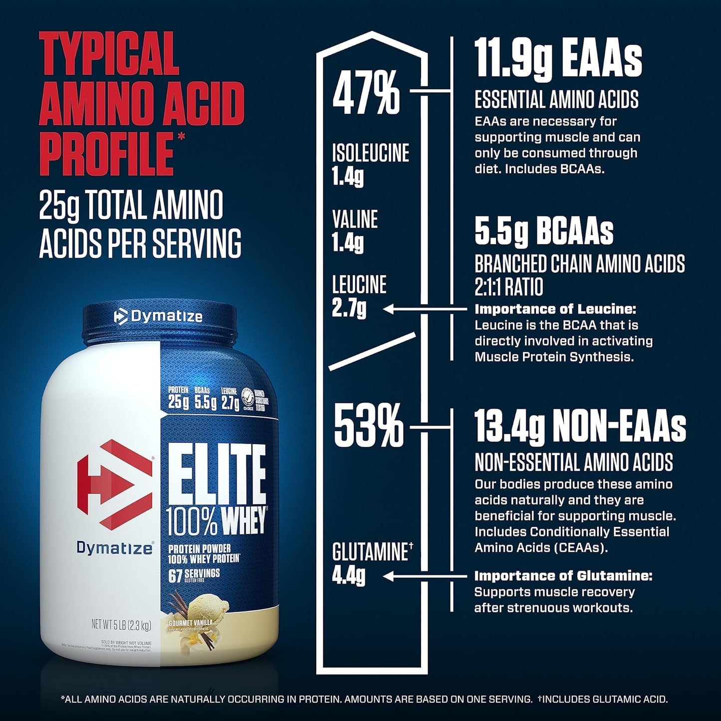 Dymatize Nutrition Elite 100% Whey Protein | Whey Protein Powder | Muscle Recovery | 25g Protein, 5.5g BCAA | Fast-Absorbing Protein | Gluten-Free | Blend with BCAAs & Glutamine | Gourmet Vanilla | 5 Lbs