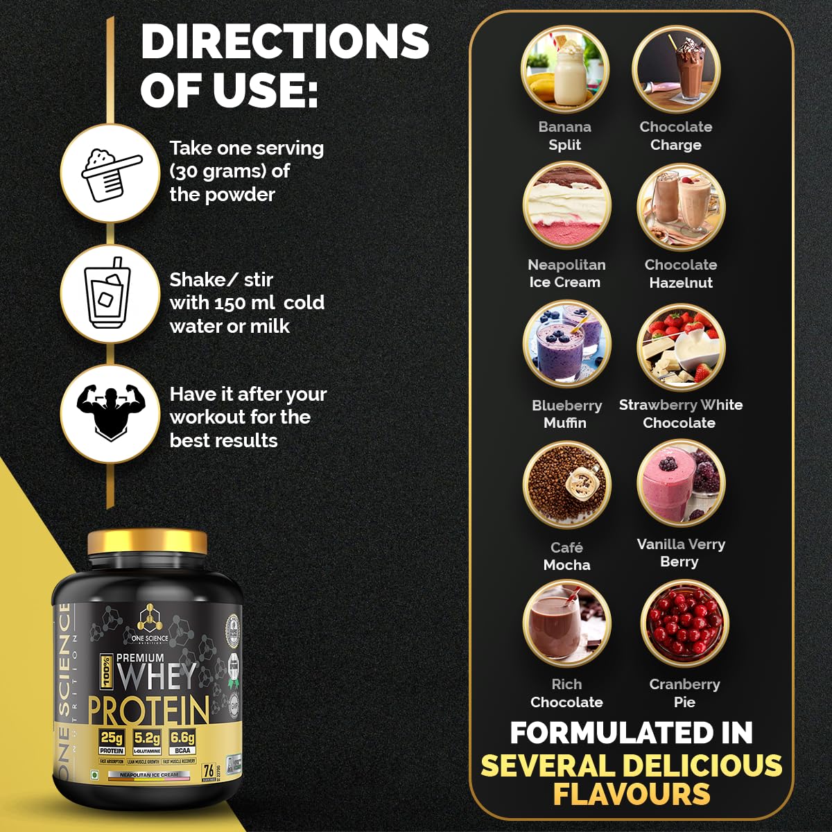 One Science Nutrition (OSN) Premium Whey Protein [Grass Fed Whey] - 25g Protein, 6.6g BCAA & 5.2 gms L-Glutamine | Refuels & Repairs Muscles (5 lbs, Neapolitan Ice Cream)