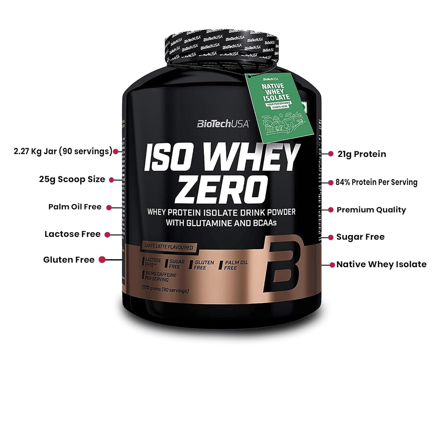 BiotechUSA ISO WHEY ZERO | Caffe Latte | Isolate Protein with 4.5 g BCAA | 2270g Pack | 21g Protein Per Scoop | 5 LBS