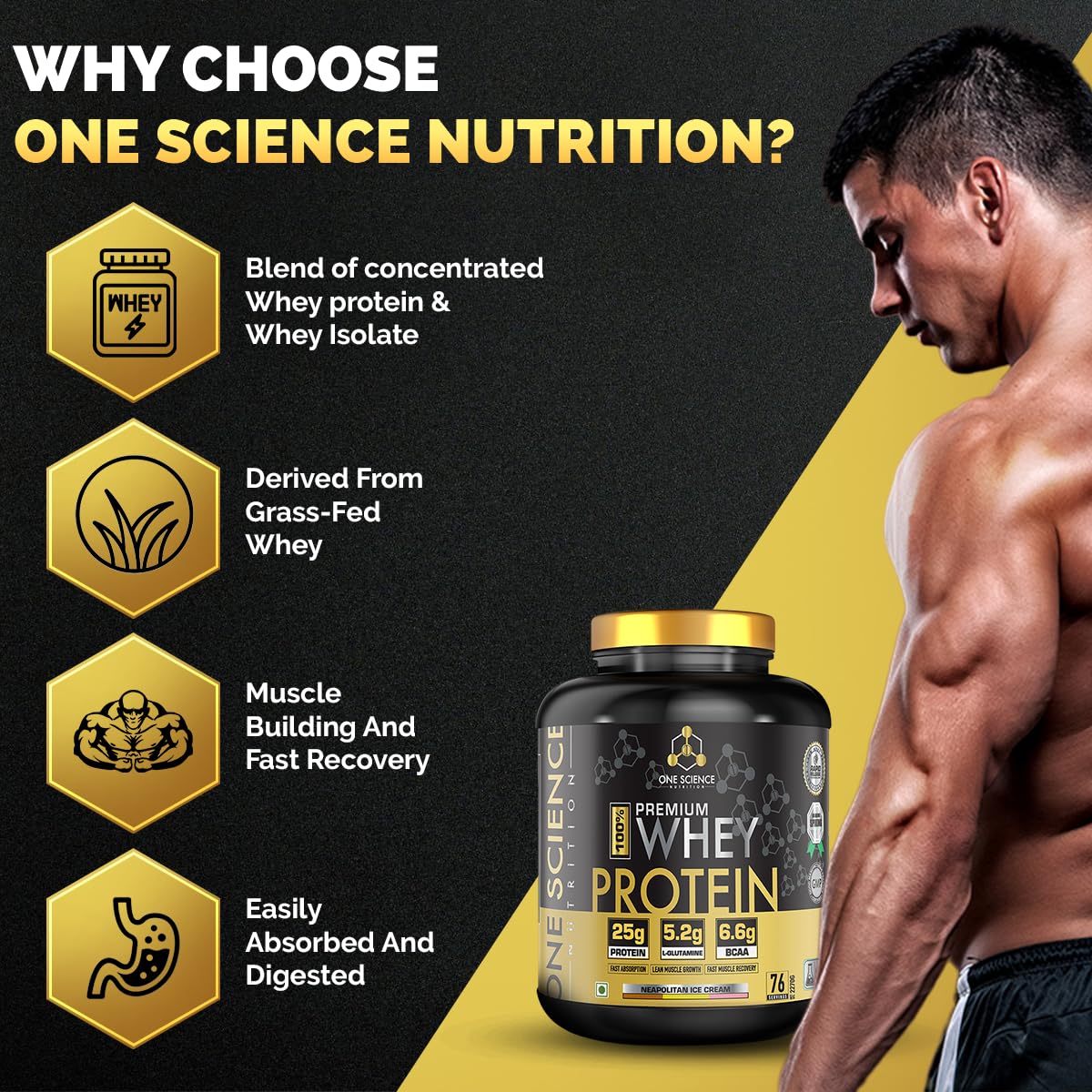 One Science Nutrition (OSN) Premium Whey Protein [Grass Fed Whey] - 25g Protein, 6.6g BCAA & 5.2 gms L-Glutamine | Refuels & Repairs Muscles (5 lbs, Neapolitan Ice Cream)