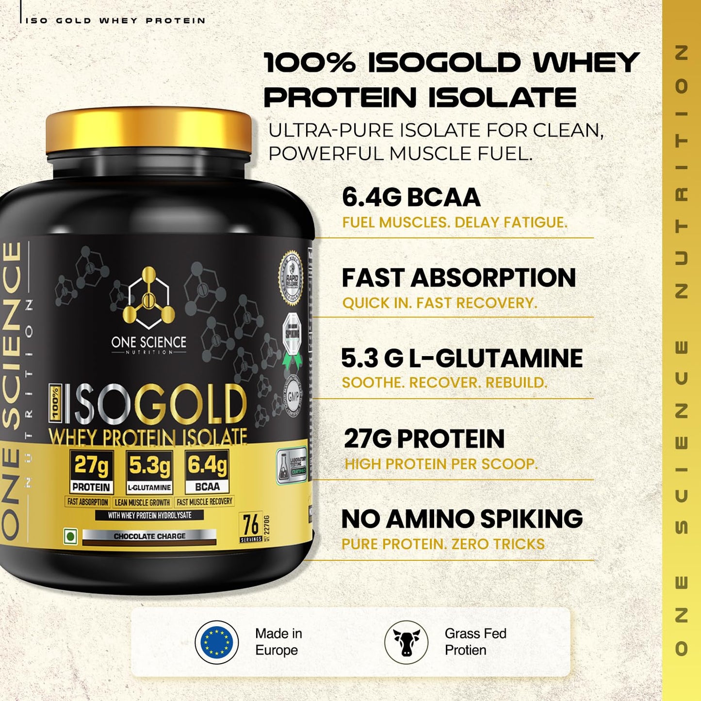 One Science Nutrition (OSN) 100% Iso Gold Whey Protein 5 lbs [Grass Fed Whey]- 27g Protein, 5.3g Glutamine, 6.4g BCAA - Chocolate Charge